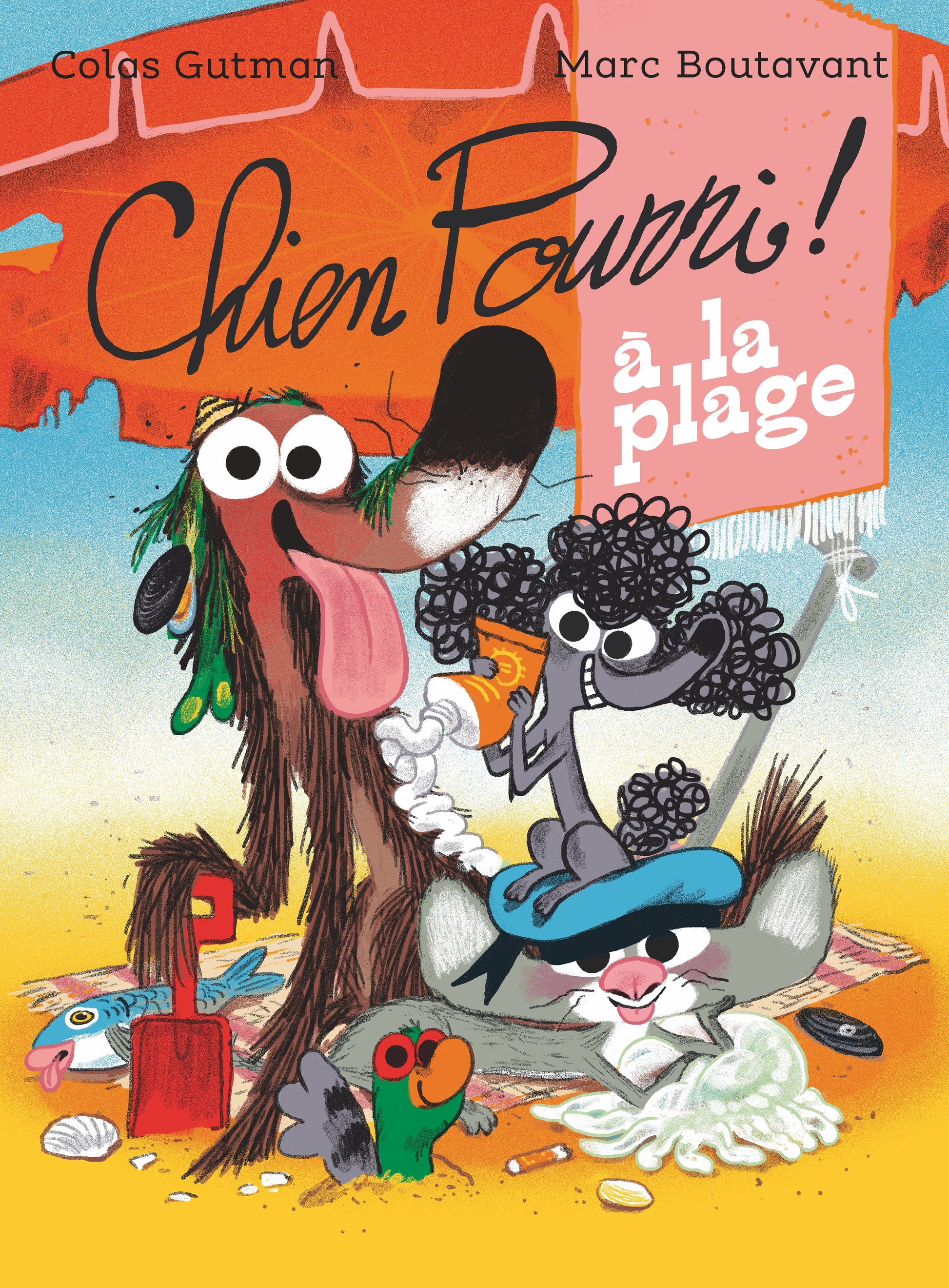 Moulin Roty kinderboek franstalig Stinkhond en plattekat op het strand 6+